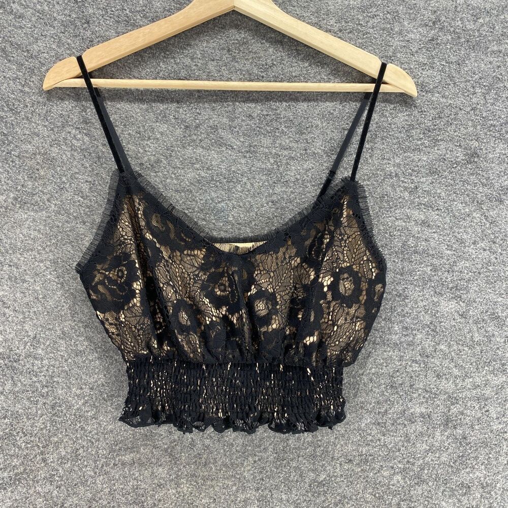Forever 21 Cropped Top Women S Small Black Floral Crochet Lined Nylon Sweetheart